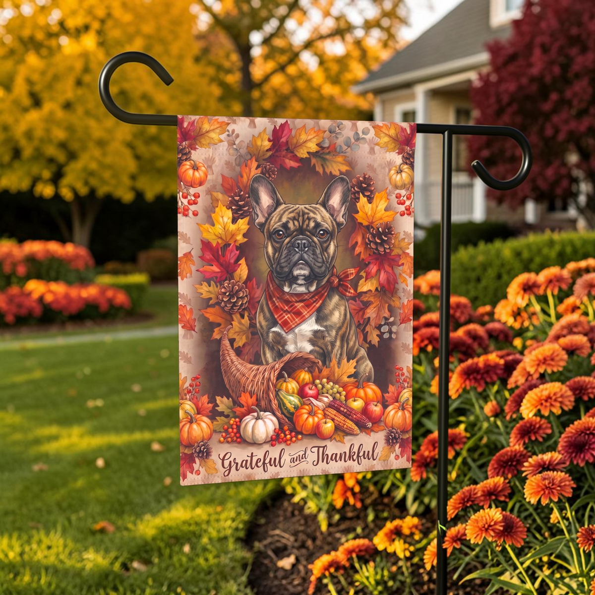 Grateful And Thankful Brindle French Bulldog garden flag displayed on a stand in a garden bed with autumn flowers and a house in the background
