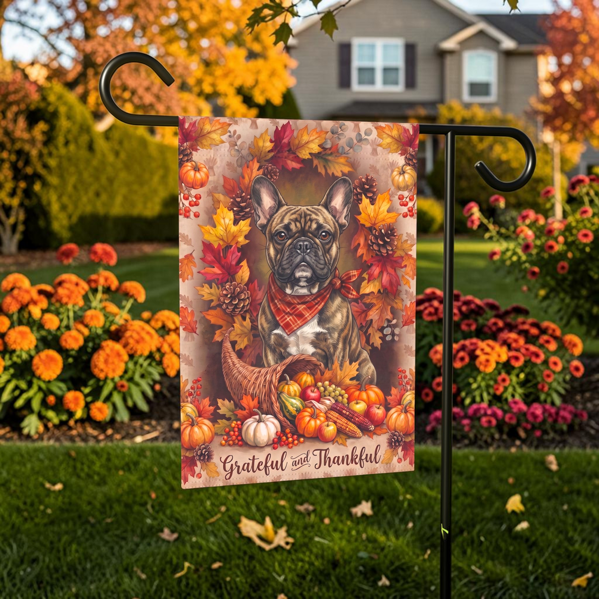Grateful And Thankful Brindle French Bulldog Thanksgiving garden flag shown on a stand near a walkway with potted mums