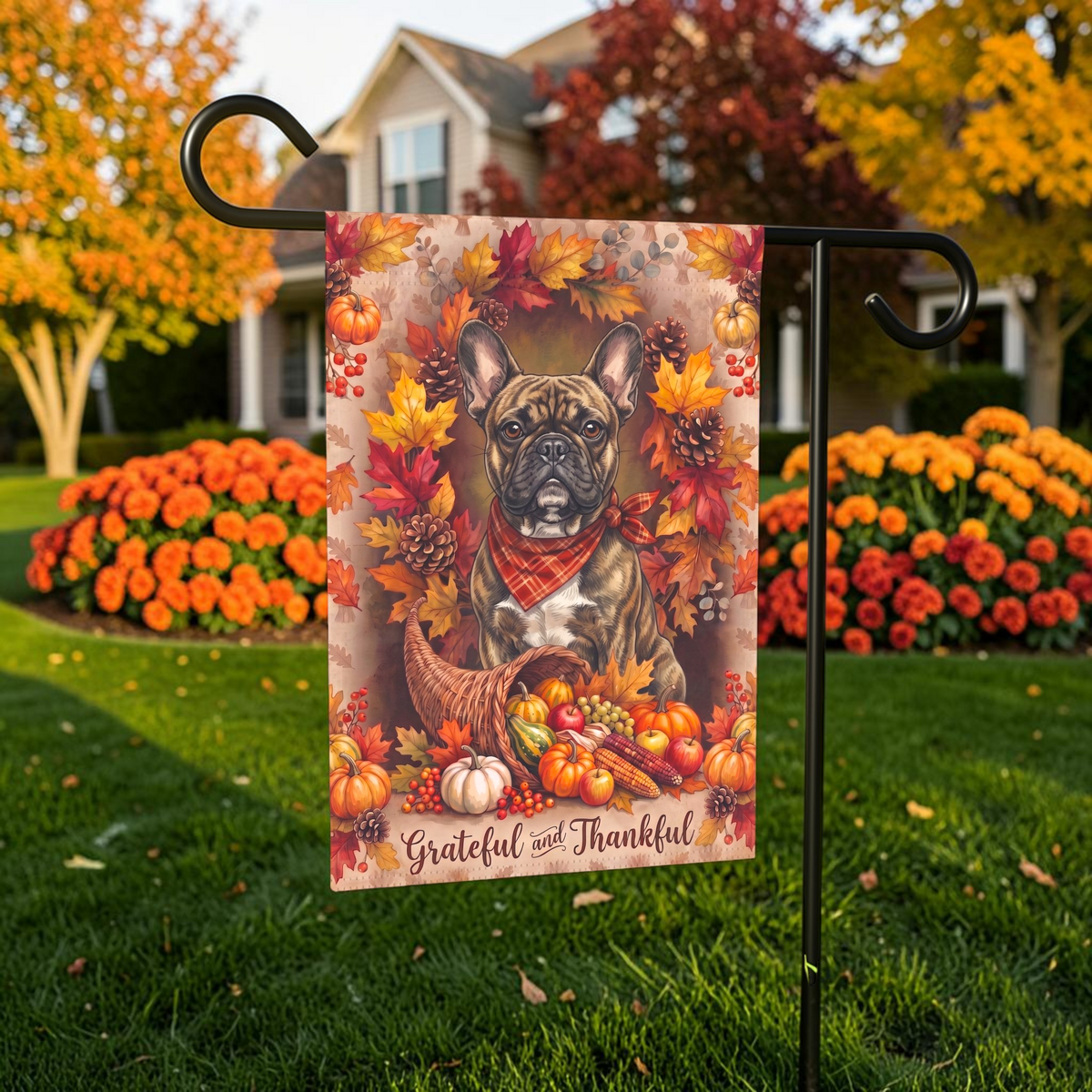 Grateful And Thankful Brindle French Bulldog garden flag on a stand in front of a house with shutters and a door wreath