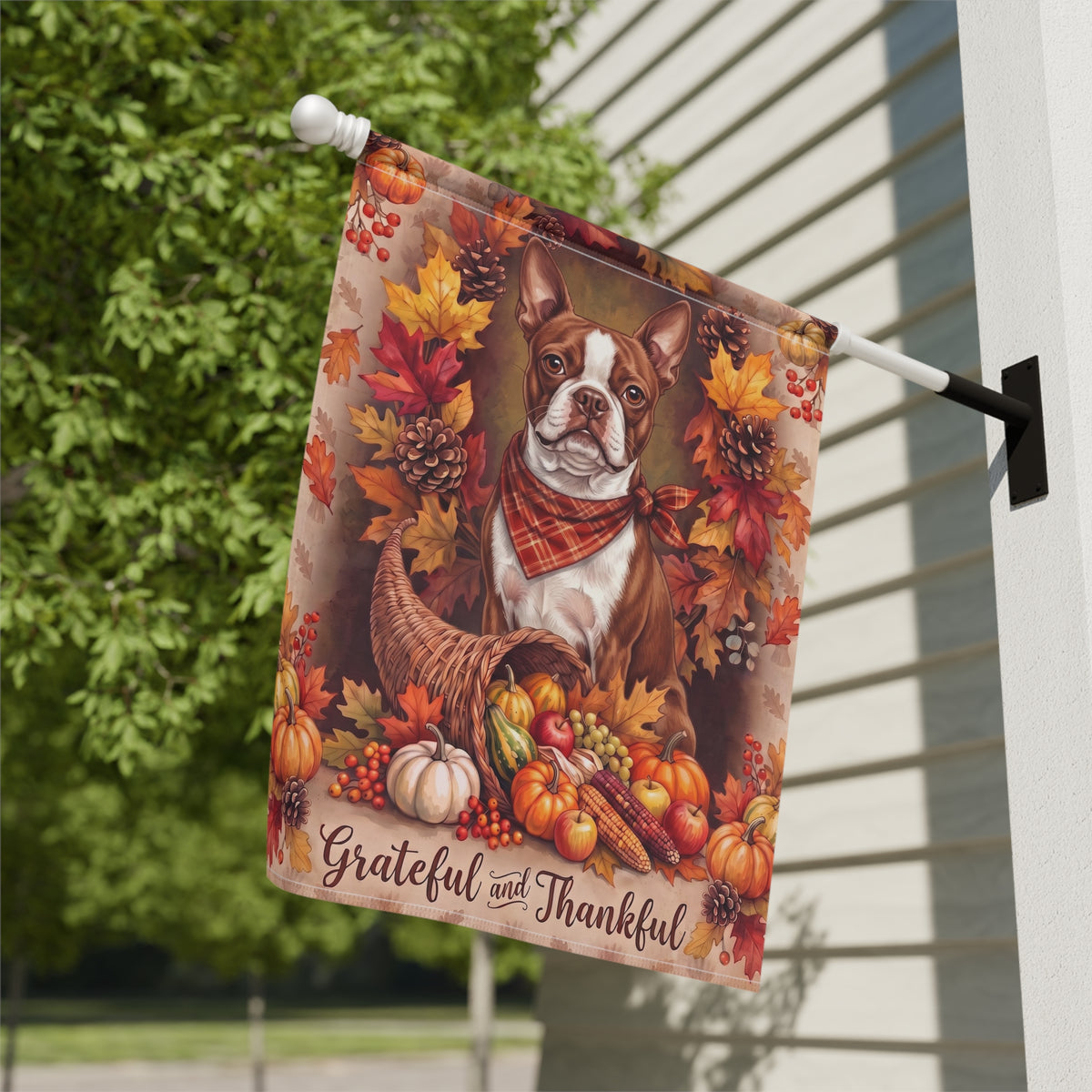 Garden flag size chart for the Grateful and Thankful Red Boston Terrier showing 12 inch by 18 inch dimensions with a 1.25 inch top sleeve