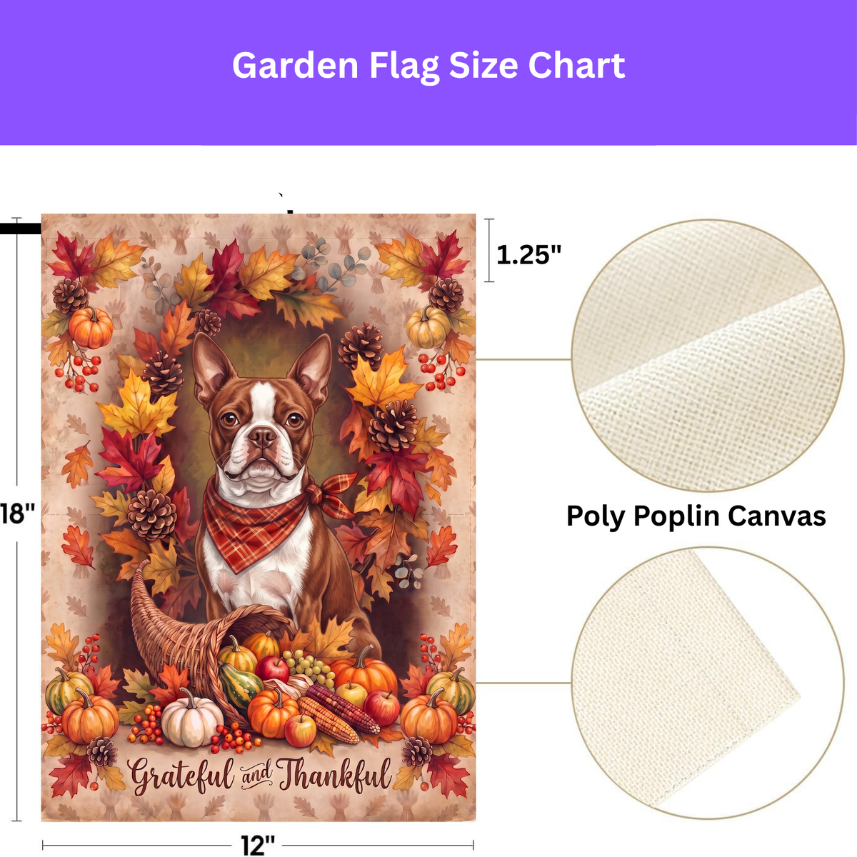 Double-sided display of the Grateful and Thankful Red Boston Terrier garden flag showing the identical design on front and back