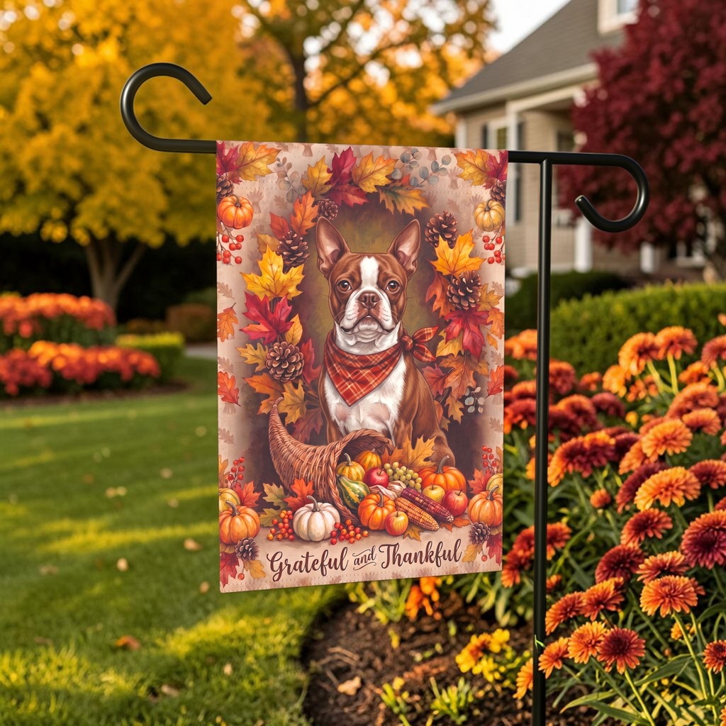 Grateful and Thankful Red Boston Terrier garden flag displayed on a stand in a garden bed with autumn flowers and a house in the background