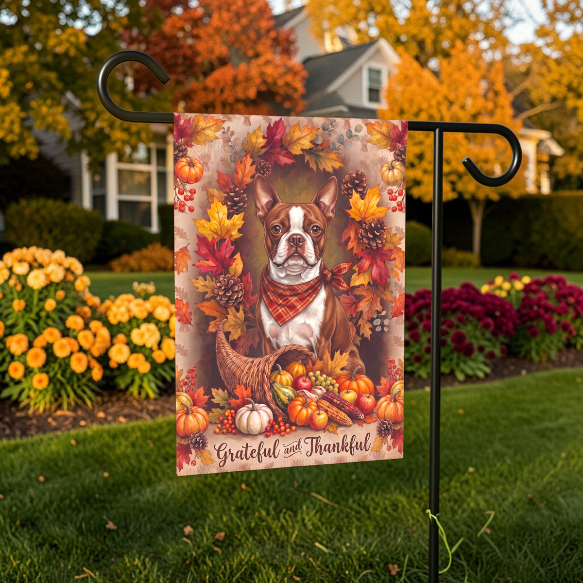 Grateful and Thankful Red Boston Terrier Thanksgiving garden flag shown on a stand near a walkway with potted mums