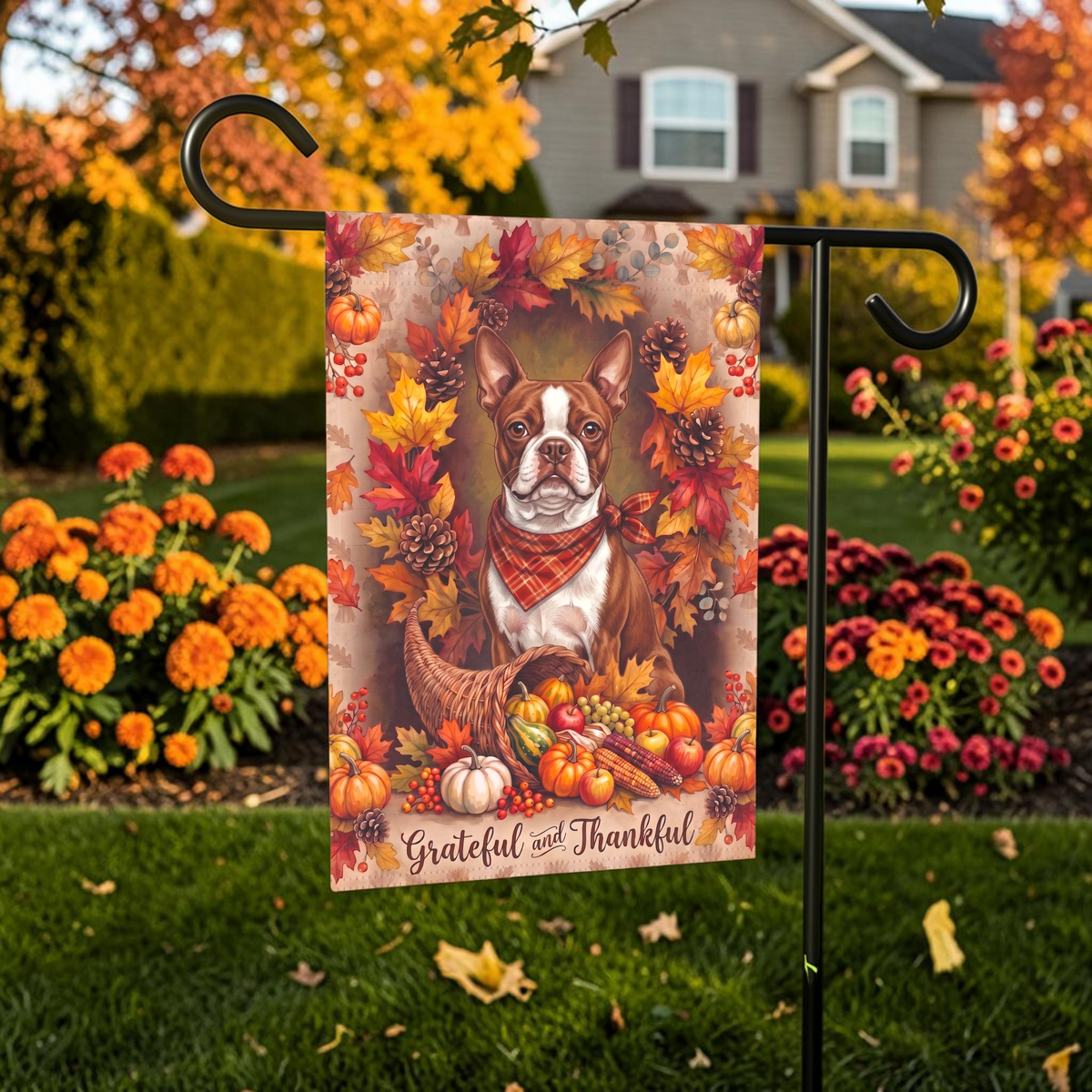 Grateful and Thankful Red Boston Terrier garden flag on a stand in front of a house with shutters and a door wreath