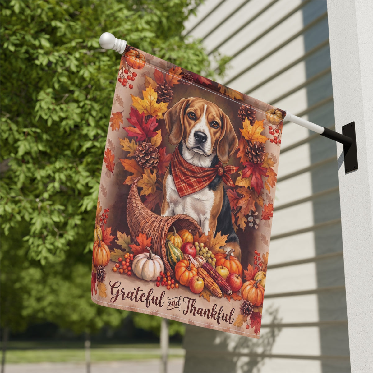 Garden flag size chart for the Grateful and Thankful Beagle showing 12 inch by 18 inch dimensions with a 1.25 inch top sleeve
