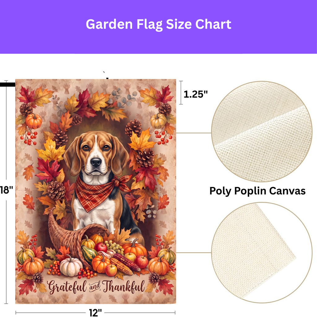Double-sided display of the Grateful and Thankful Beagle garden flag showing the identical design on front and back