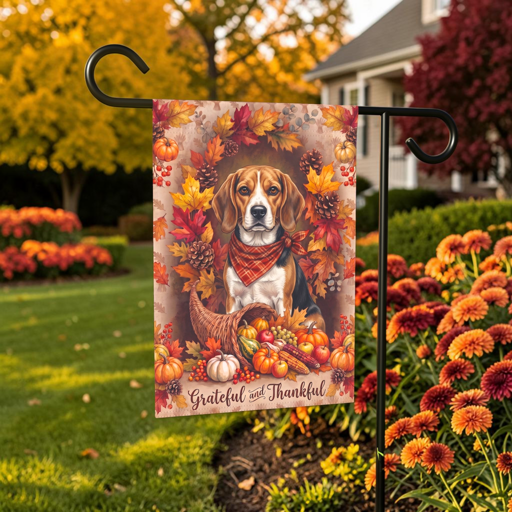 Grateful and Thankful Beagle garden flag displayed on a stand in a garden bed with autumn flowers and a house in the background