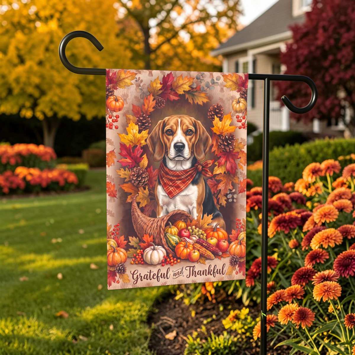 Grateful and Thankful Beagle garden flag displayed on a stand in a garden bed with autumn flowers and a house in the background