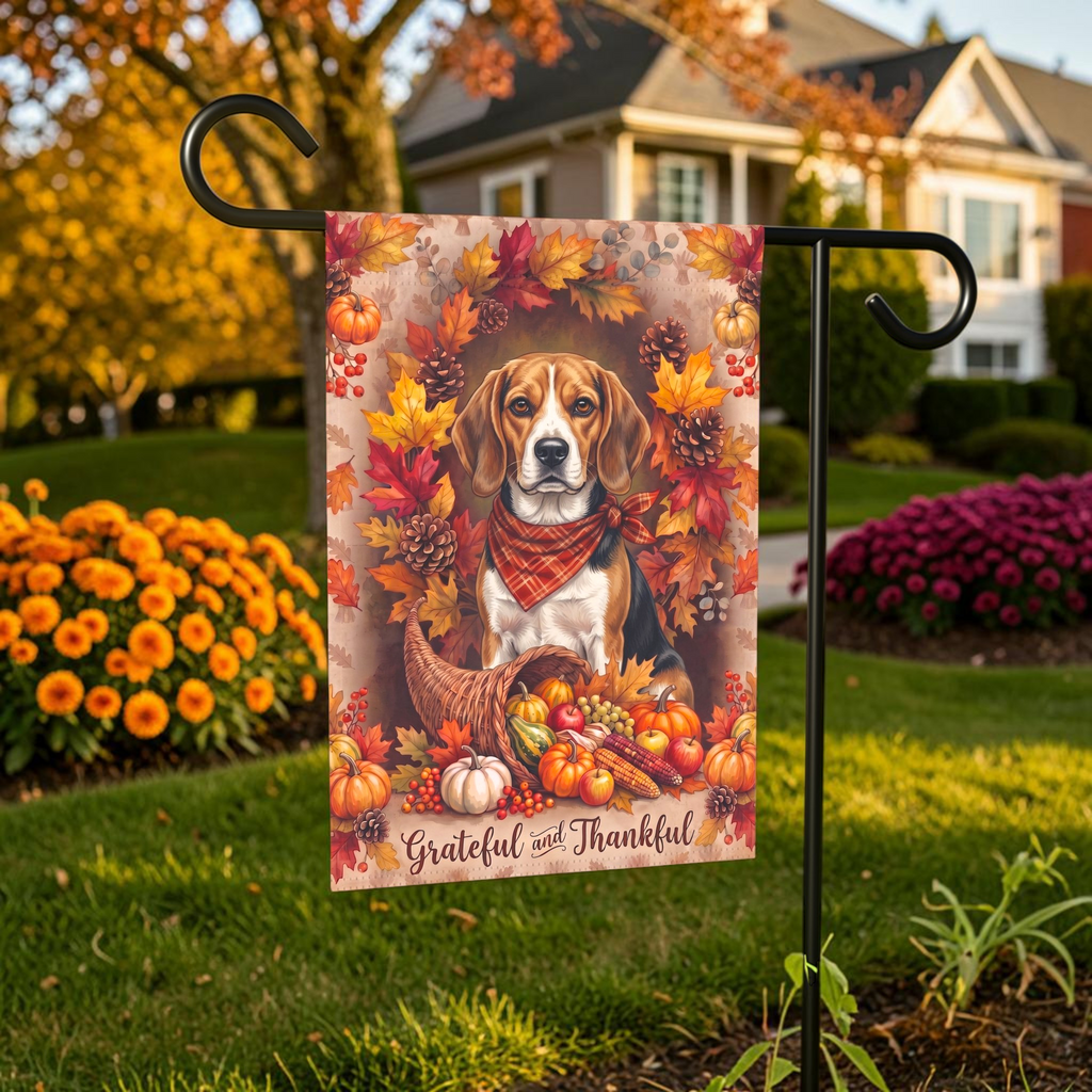 Grateful and Thankful Beagle garden flag on a stand in front of a house with shutters and a door wreath
