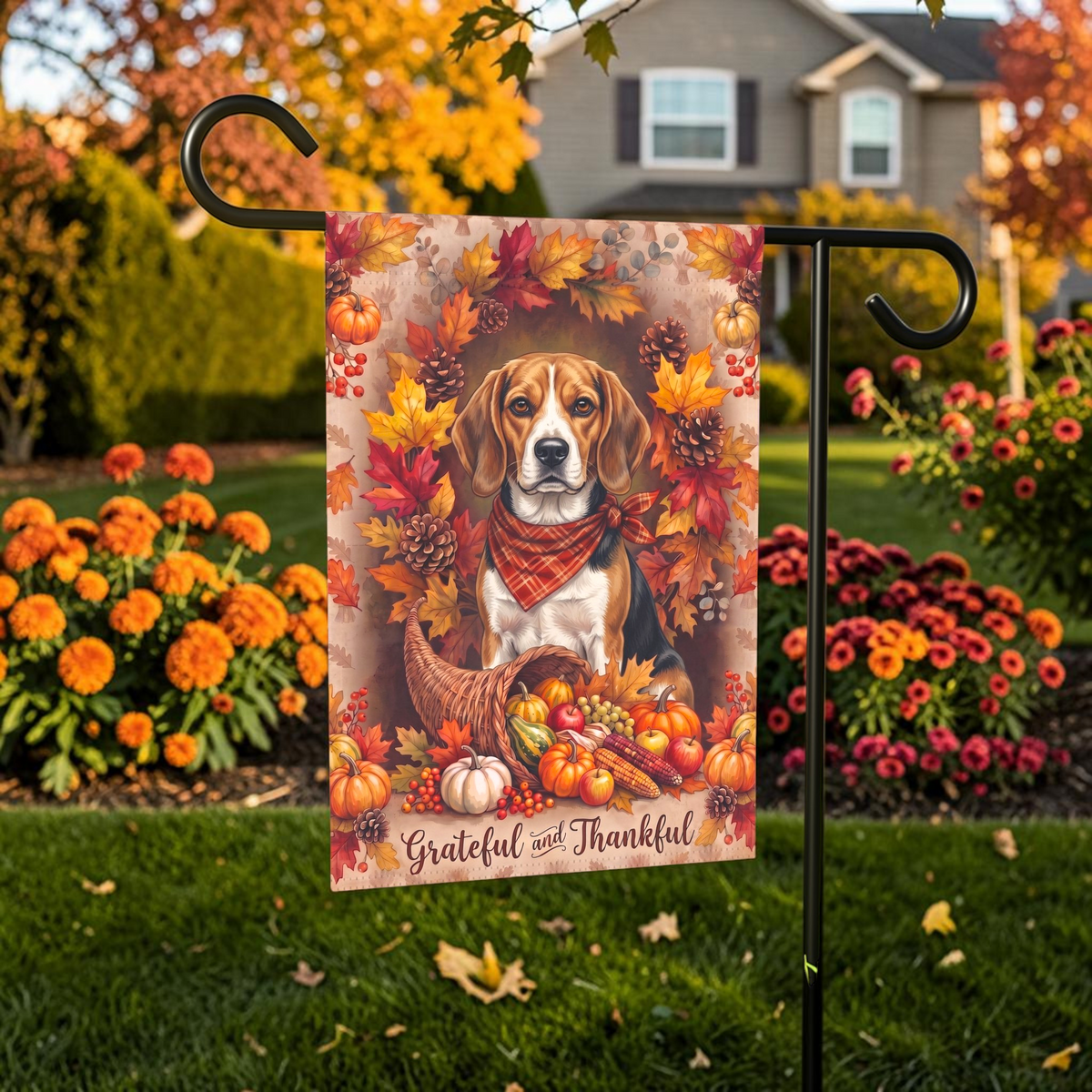 Grateful and Thankful Beagle Thanksgiving garden flag shown on a stand near a walkway with potted mums