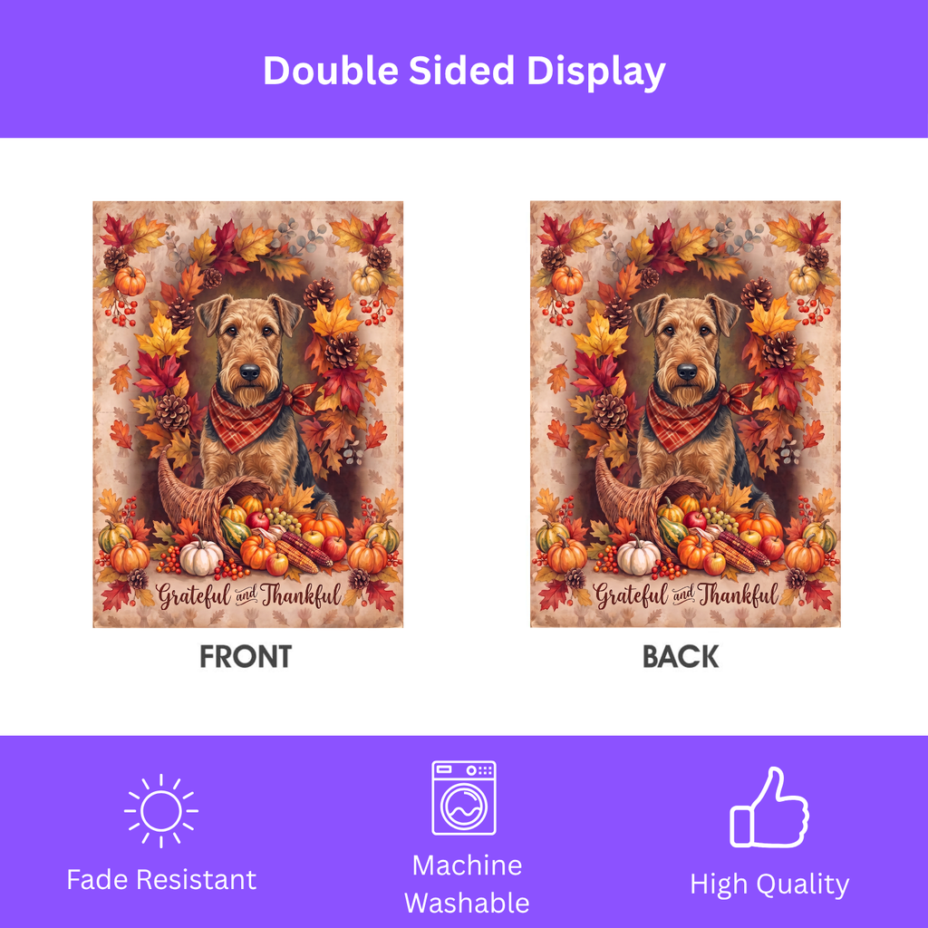 House flag size chart for the Grateful And Thankful Airedale Terrier showing 24.5 inch by 32 inch dimensions with a 3 inch top sleeve