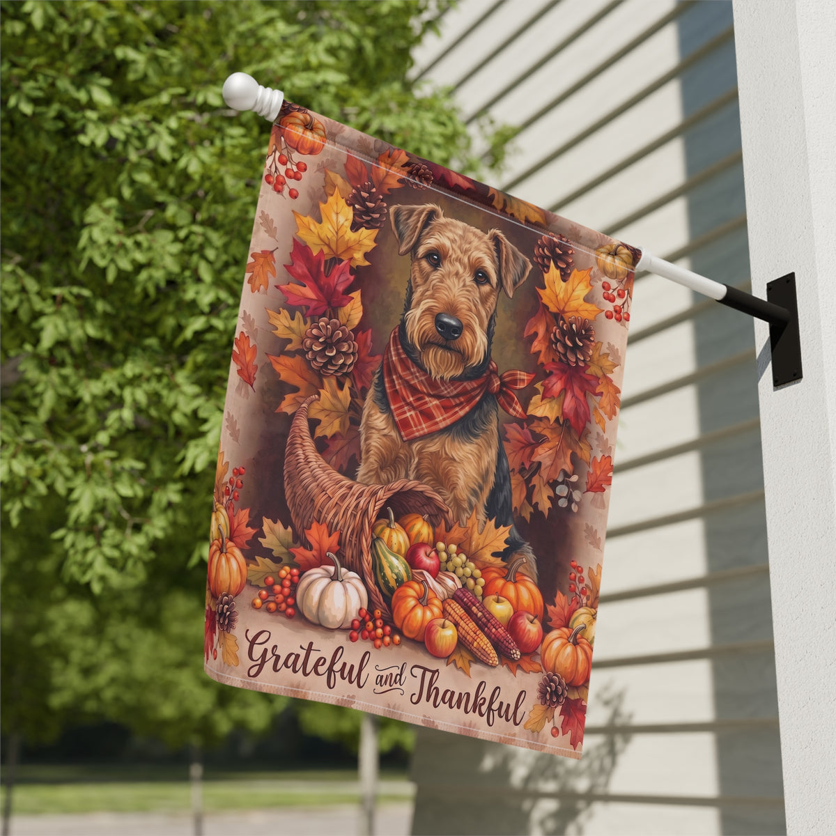 Garden flag size chart for the Grateful And Thankful Airedale Terrier showing 12 inch by 18 inch dimensions with a 1.25 inch top sleeve