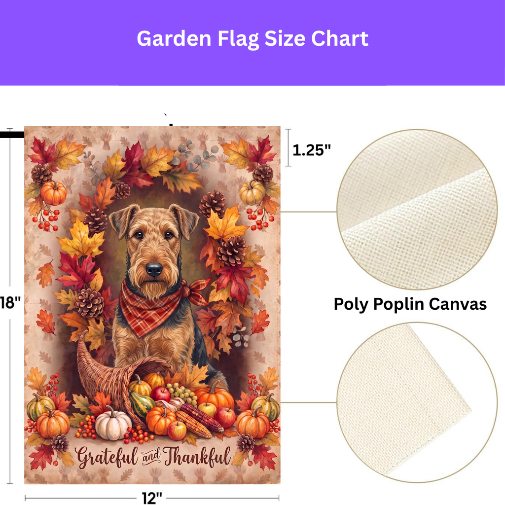 Double-sided display of the Grateful And Thankful Airedale Terrier garden flag showing the identical design on front and back