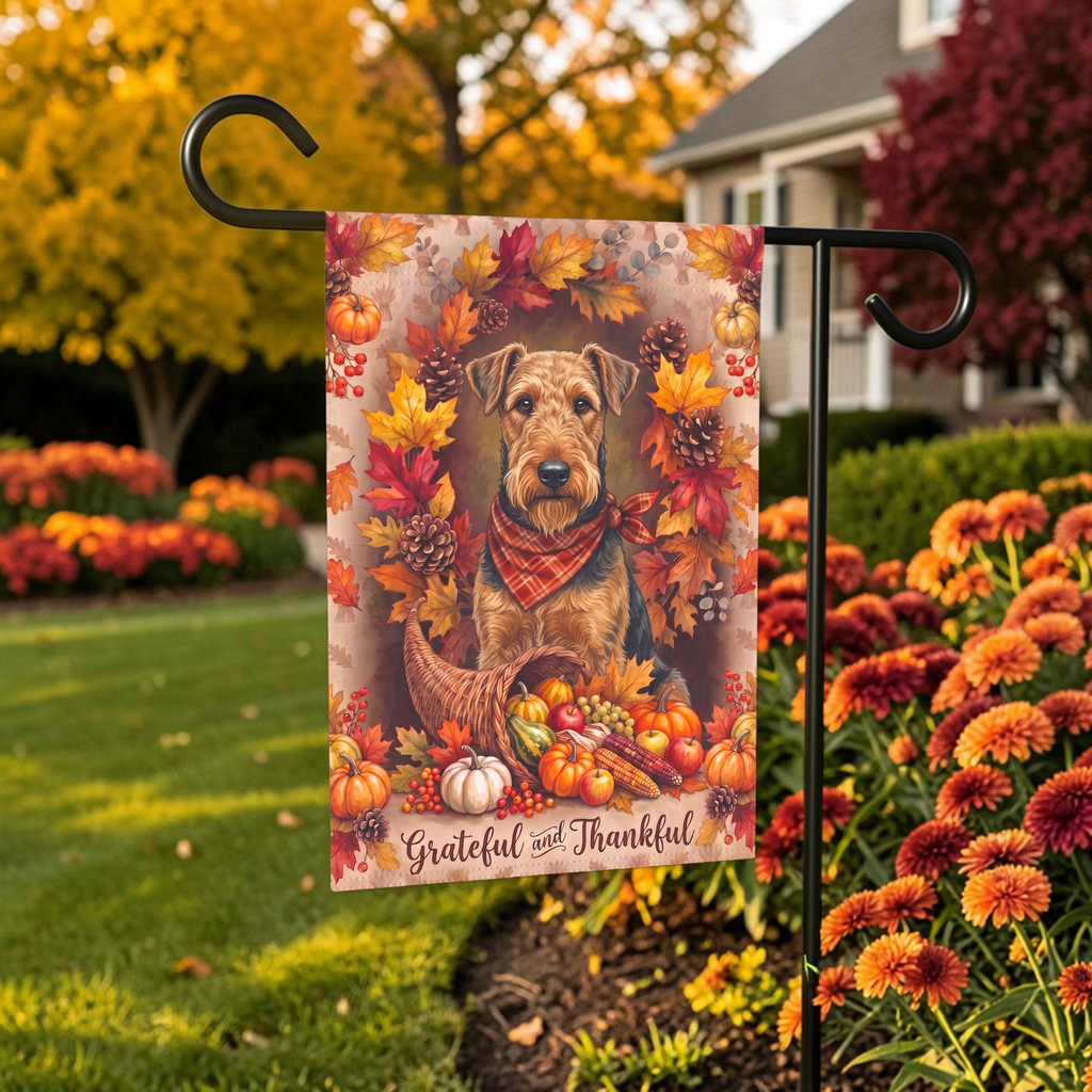 Grateful And Thankful Airedale Terrier garden flag on a stand in front of a house with shutters and a door wreath