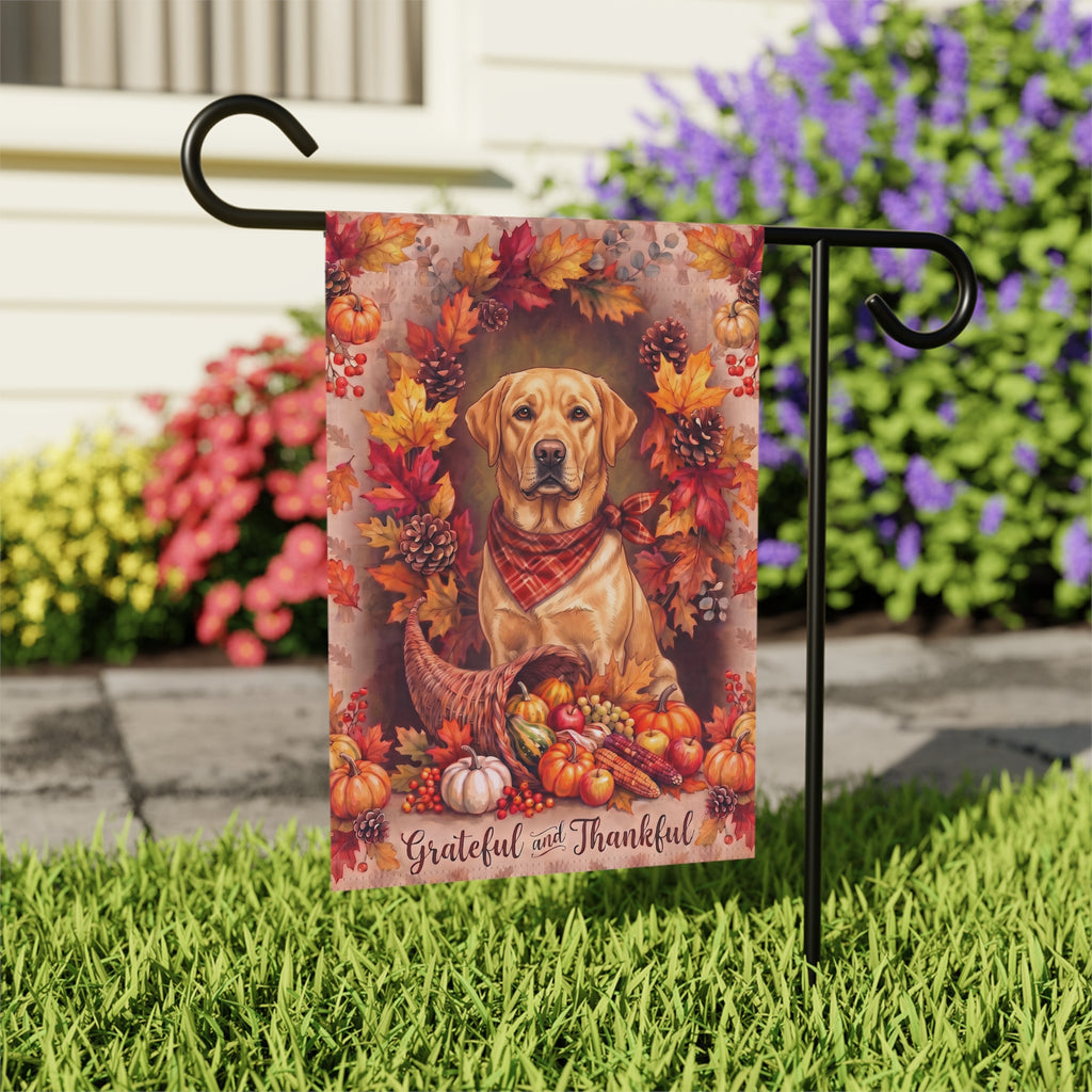 Grateful And Thankful Yellow Labrador Retriever house flag mounted on a wall bracket at a diagonal angle against a house exterior