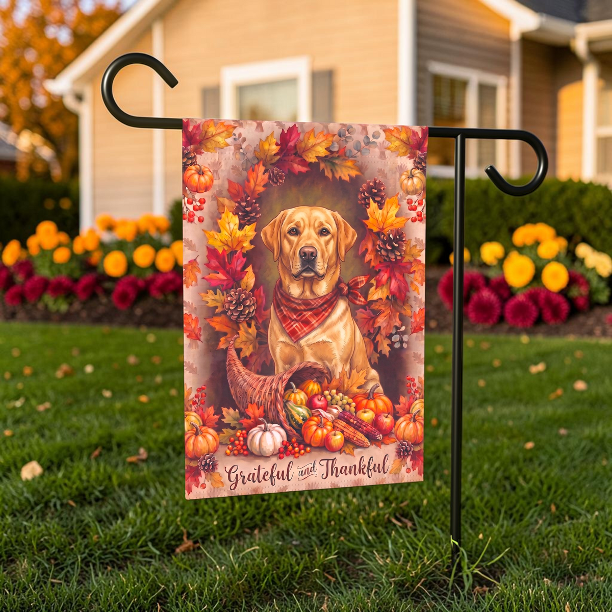 Grateful And Thankful Yellow Labrador Retriever garden flag on a stand in front of a house with shutters and a door wreath