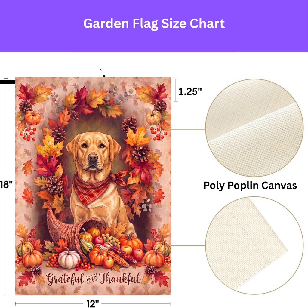 Double-sided display of the Grateful And Thankful Yellow Labrador Retriever garden flag showing the identical design on front and back