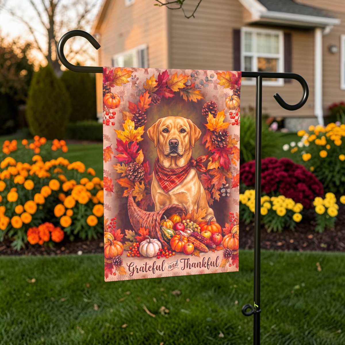 Grateful And Thankful Yellow Labrador Retriever garden flag displayed on a stand in a garden bed with autumn flowers and a house in the background