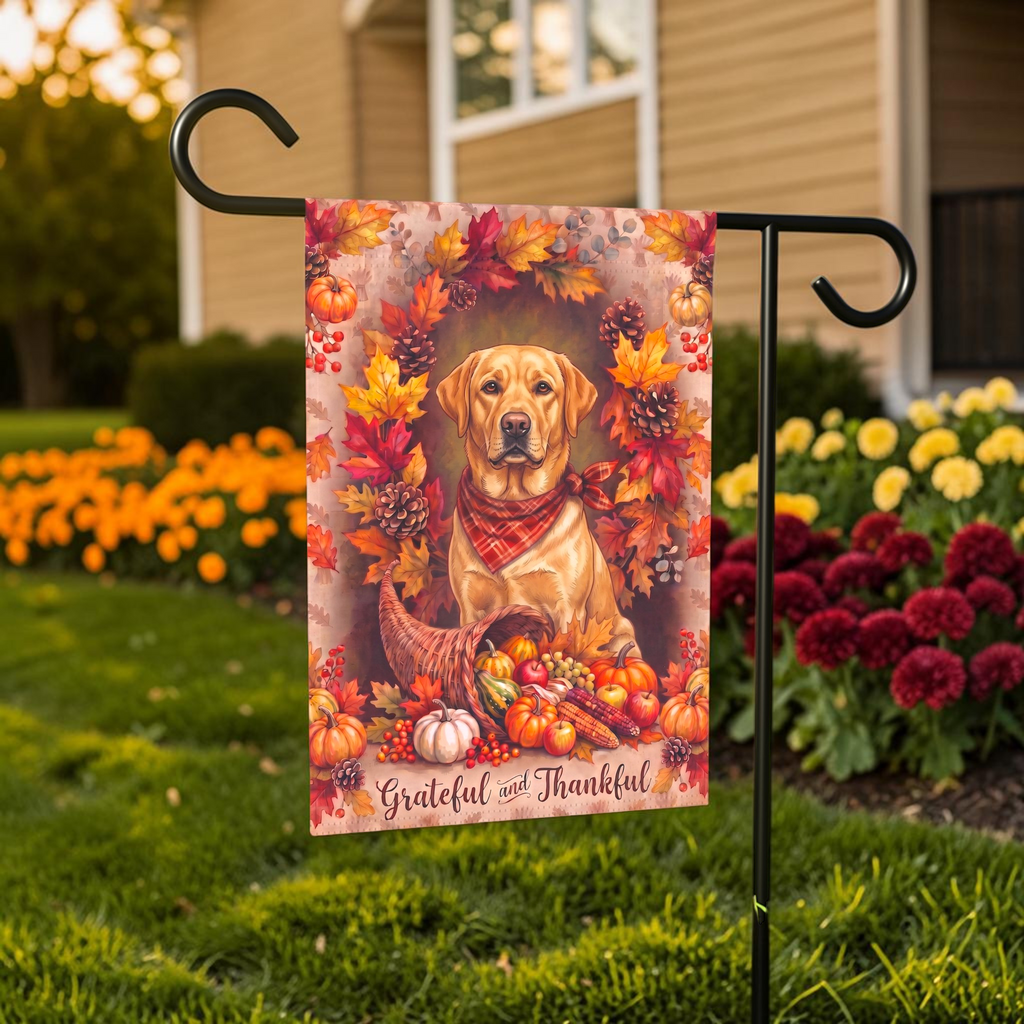 Grateful And Thankful Yellow Labrador Retriever Thanksgiving garden flag shown on a stand near a walkway with potted mums