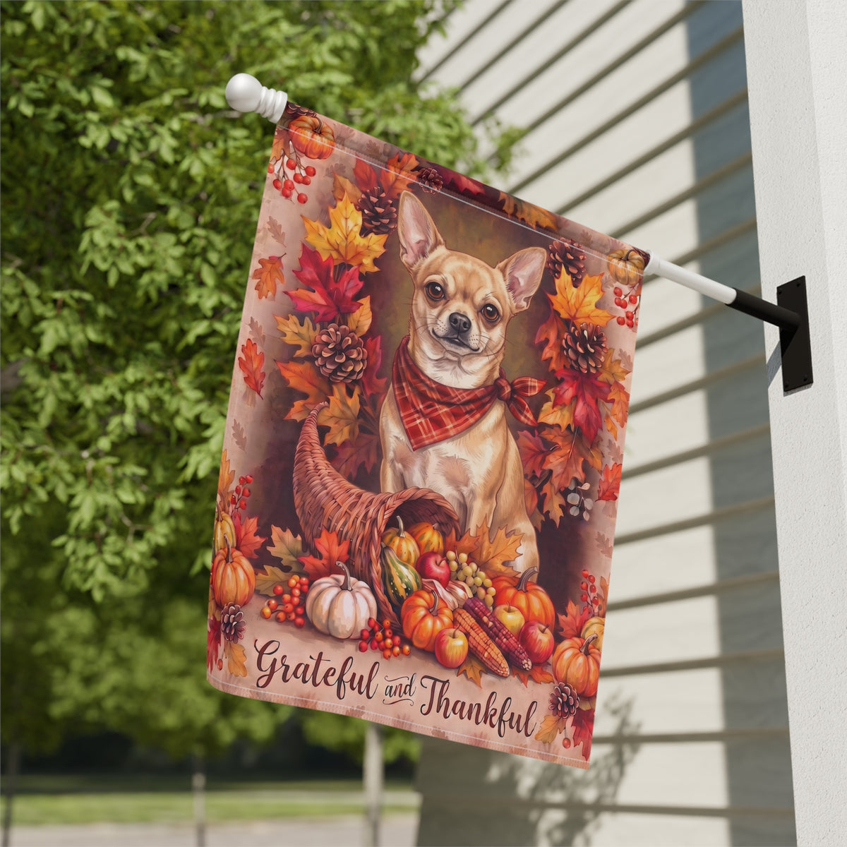 Garden flag size chart for the Grateful and Thankful Short Hair Chihuahua showing 12 inch by 18 inch dimensions with a 1.25 inch top sleeve