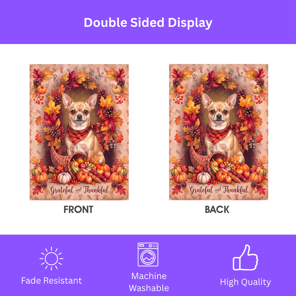 Grateful and Thankful Short Hair Chihuahua garden flag on a stand in a garden bed with orange marigolds and purple flowers