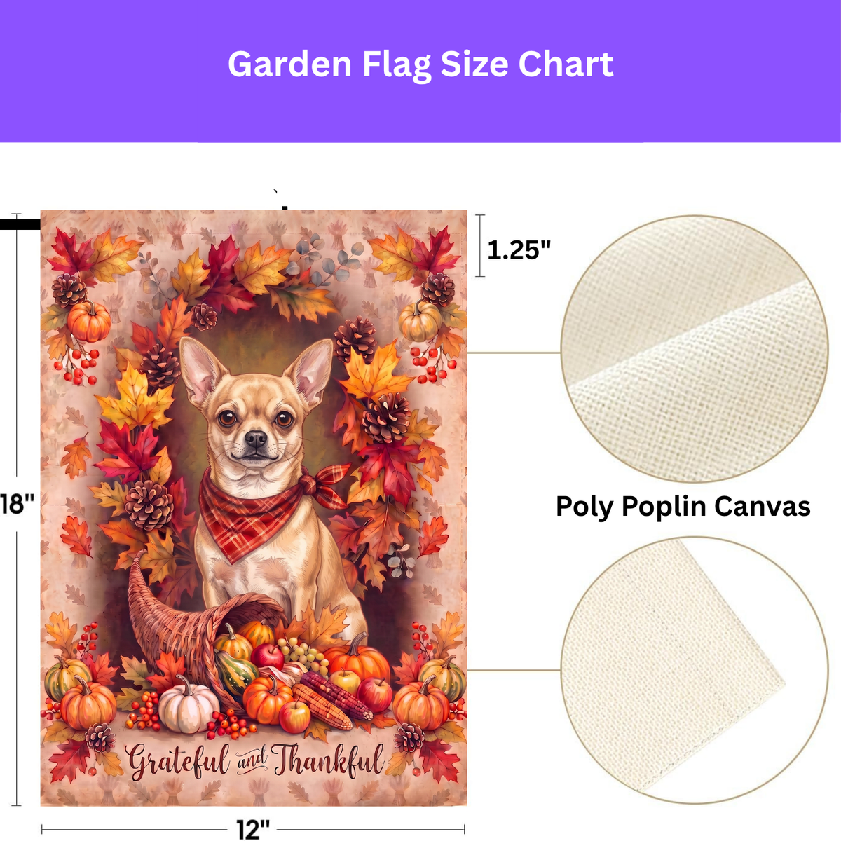 Double-sided display of the Grateful and Thankful Short Hair Chihuahua garden flag showing the identical design on front and back