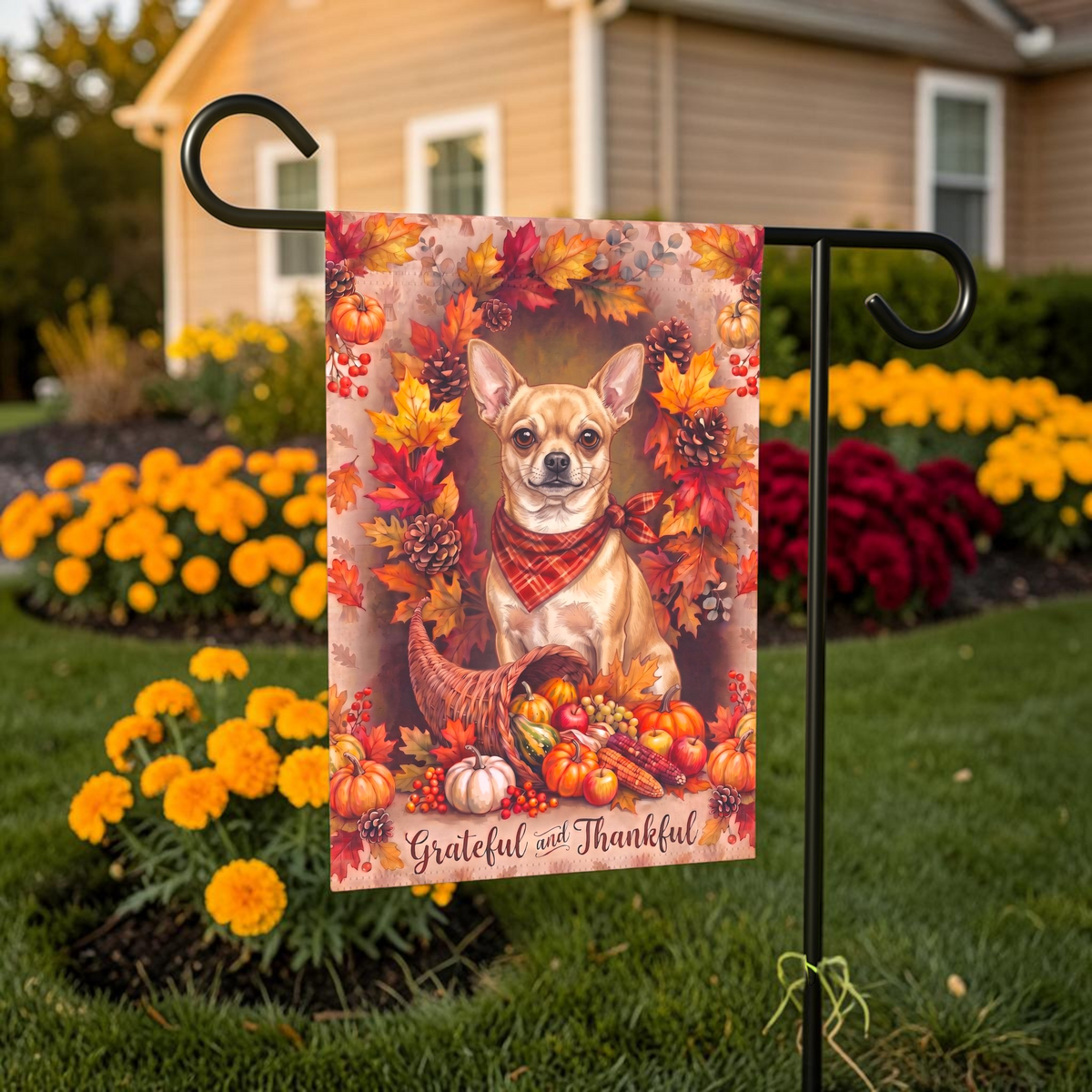 Grateful and Thankful Short Hair Chihuahua garden flag displayed on a stand in a garden bed with autumn flowers and a house in the background
