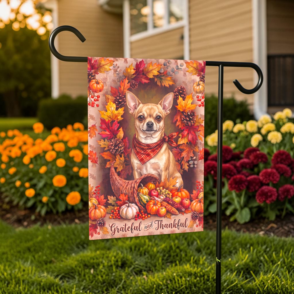 Grateful and Thankful Short Hair Chihuahua Thanksgiving garden flag shown on a stand near a walkway with potted mums
