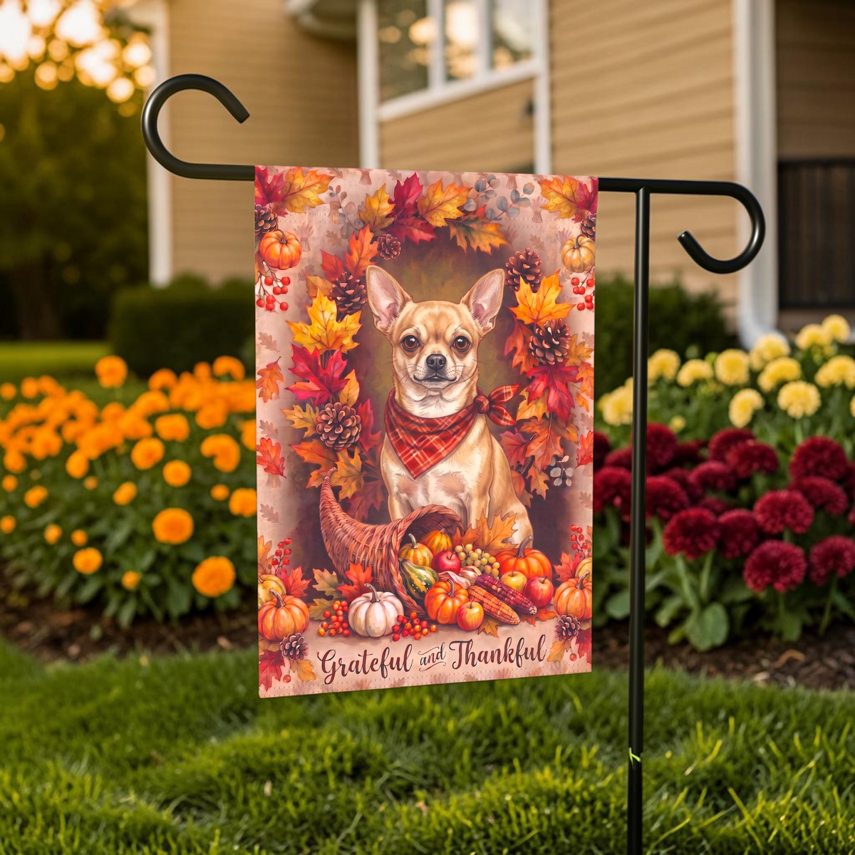 Grateful and Thankful Short Hair Chihuahua Thanksgiving garden flag shown on a stand near a walkway with potted mums