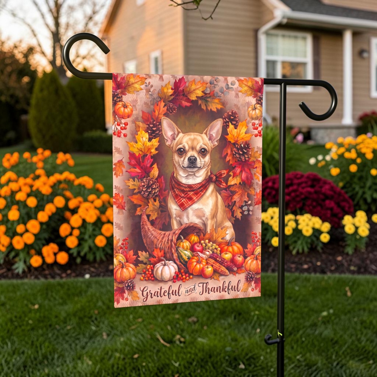 Grateful and Thankful Short Hair Chihuahua garden flag on a stand in front of a house with shutters and a door wreath
