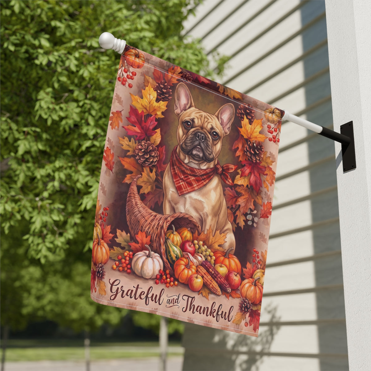 Garden flag size chart for the Grateful and Thankful French Bulldog showing 12 inch by 18 inch dimensions with a 1.25 inch top sleeve