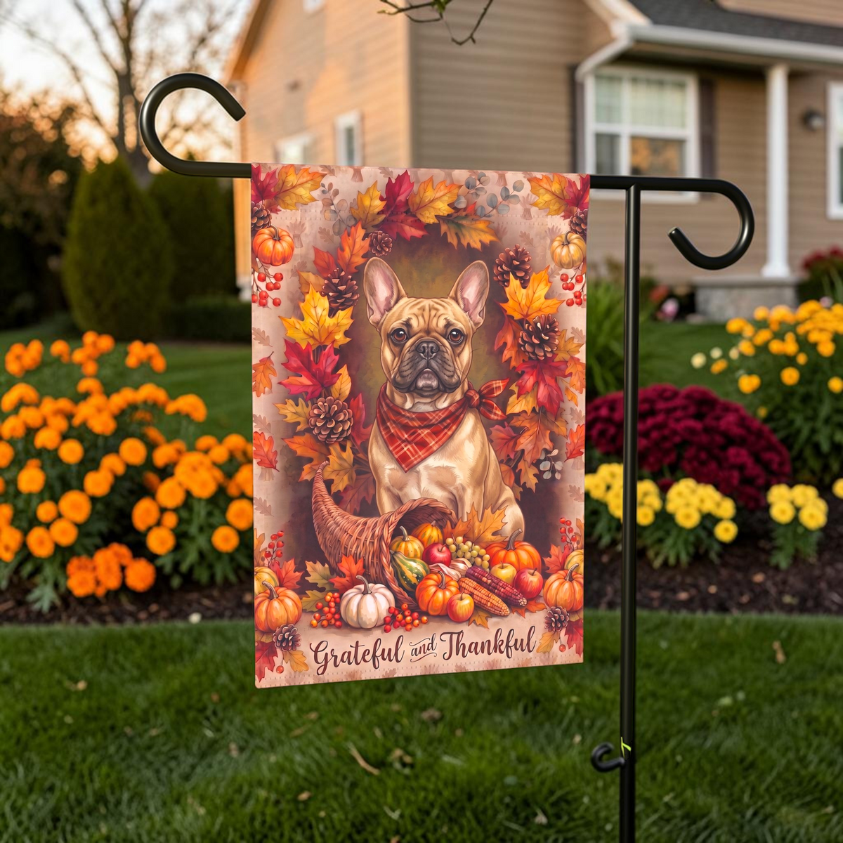 Grateful and Thankful French Bulldog Thanksgiving garden flag shown on a stand near a walkway with potted mums