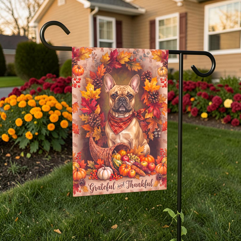 Grateful and Thankful French Bulldog garden flag displayed on a stand in a garden bed with autumn flowers and a house in the background