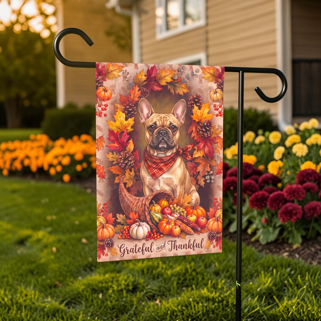 Grateful and Thankful French Bulldog garden flag on a stand in front of a house with shutters and a door wreath
