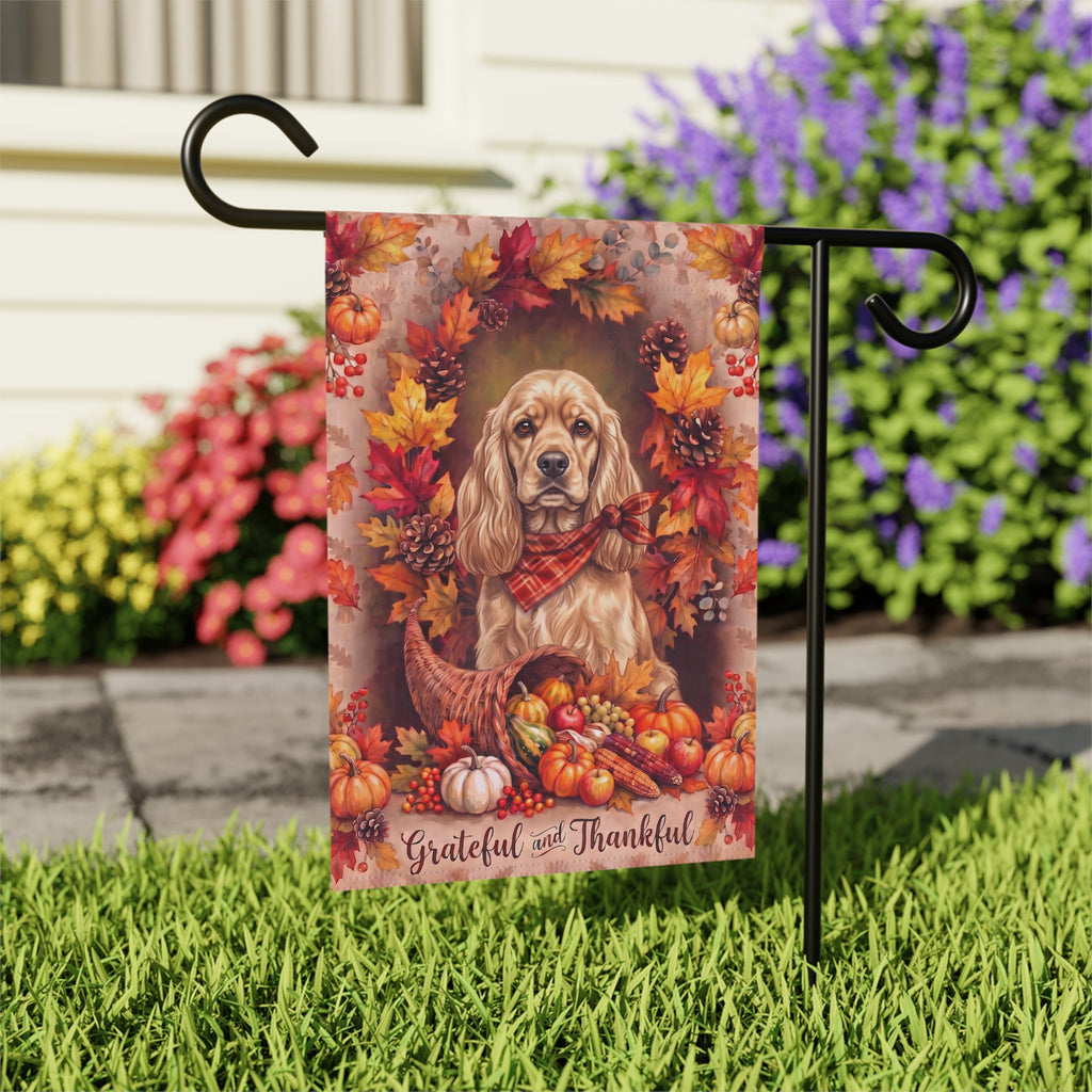 Grateful And Thankful Cocker Spaniel house flag mounted on a wall bracket at a diagonal angle against a house exterior