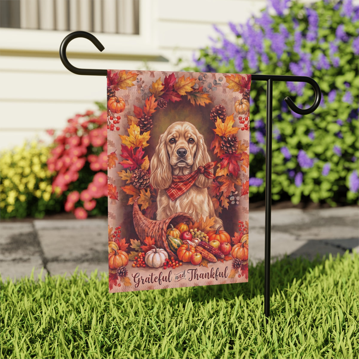 Grateful And Thankful Cocker Spaniel house flag mounted on a wall bracket at a diagonal angle against a house exterior