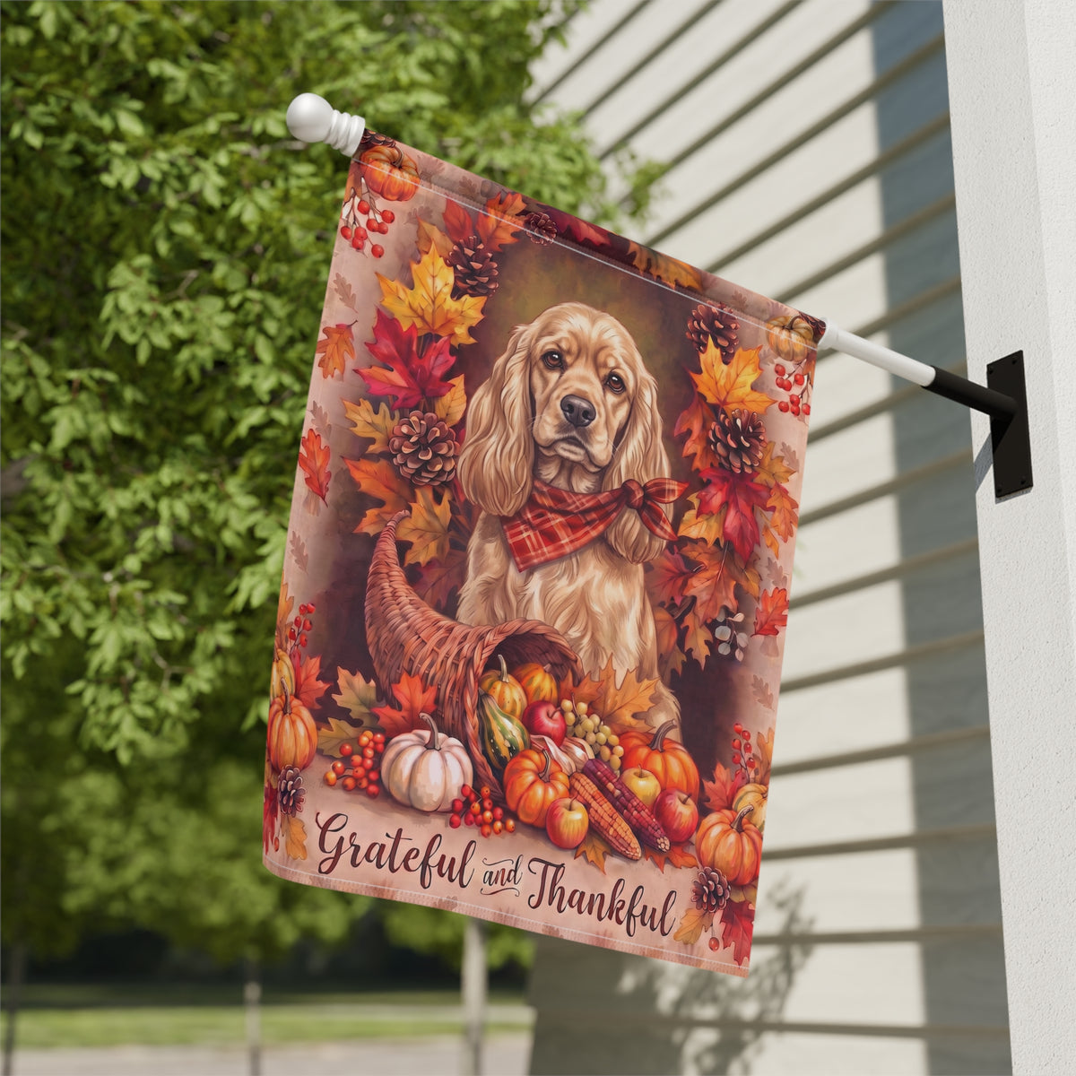 Garden flag size chart for the Grateful And Thankful Cocker Spaniel showing 12 inch by 18 inch dimensions with a 1.25 inch top sleeve