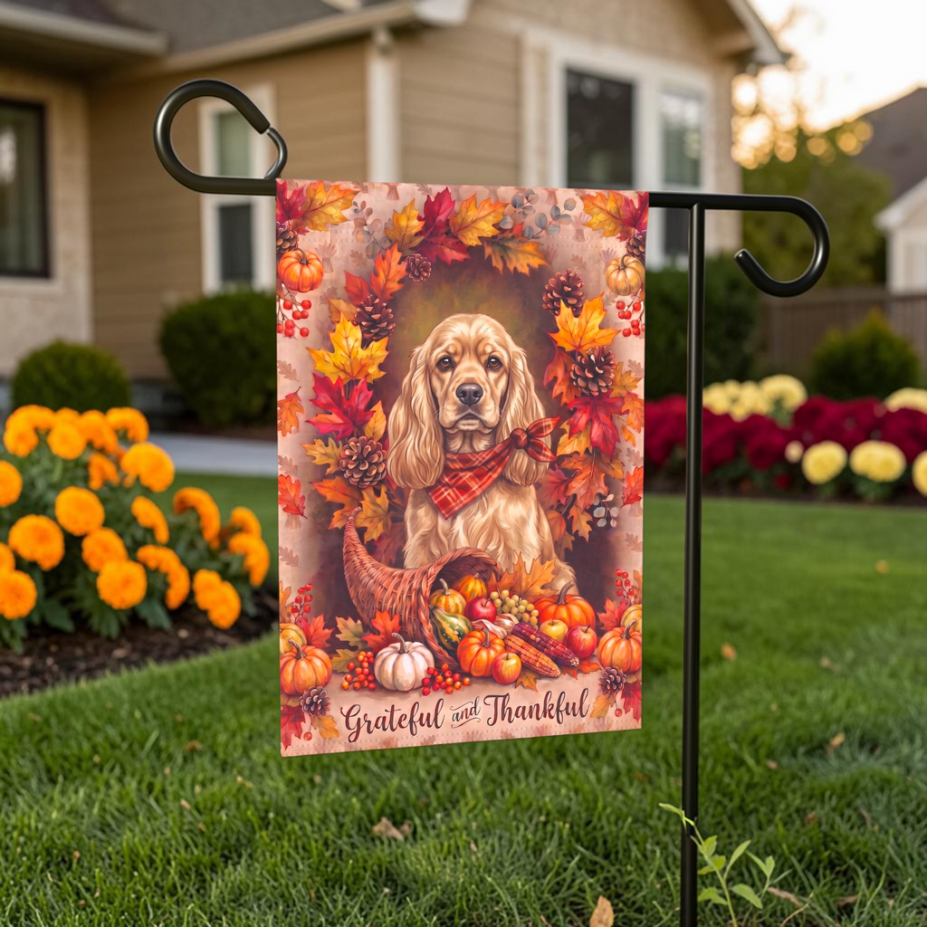 Grateful And Thankful Cocker Spaniel Thanksgiving garden flag shown on a stand near a walkway with potted mums
