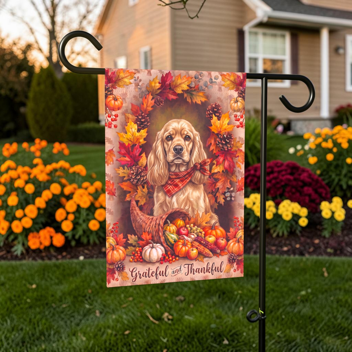 Grateful And Thankful Cocker Spaniel garden flag displayed on a stand in a garden bed with autumn flowers and a house in the background