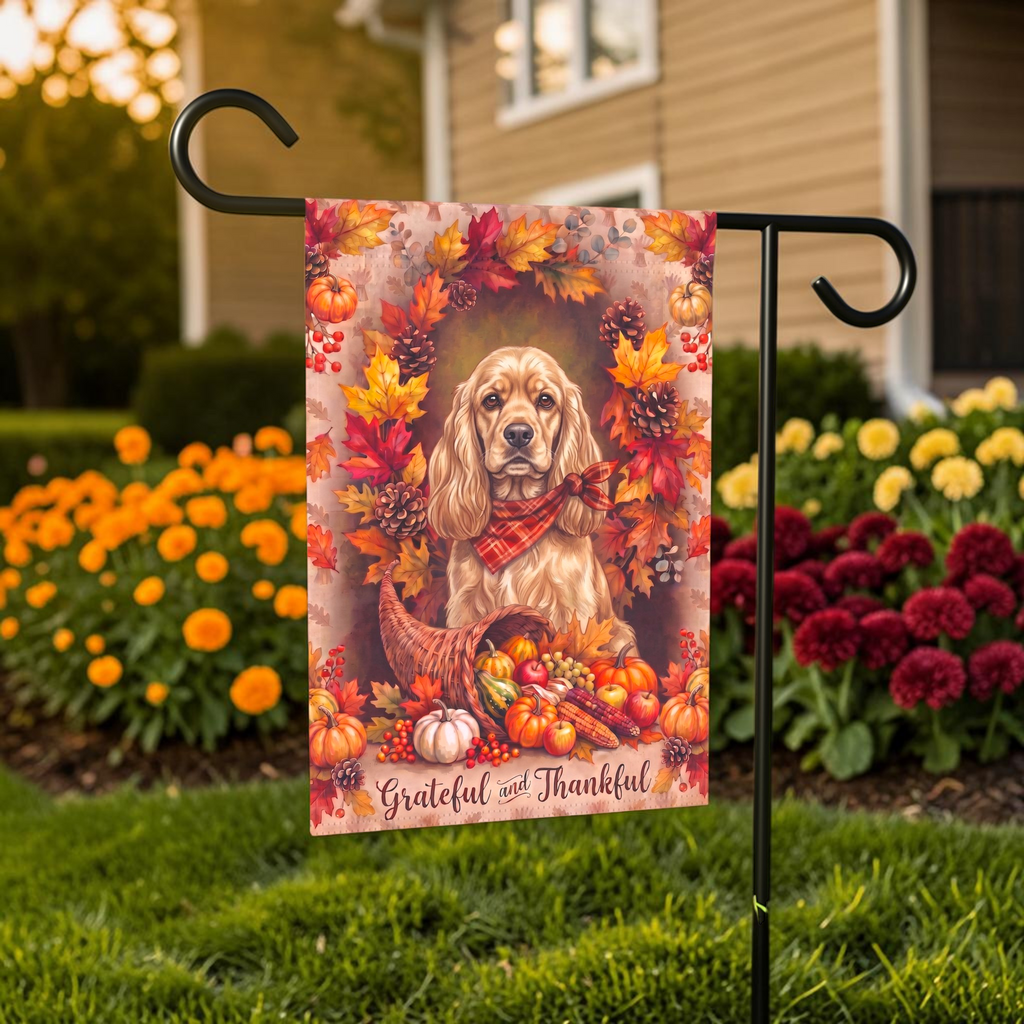 Grateful And Thankful Cocker Spaniel garden flag on a stand in front of a house with shutters and a door wreath