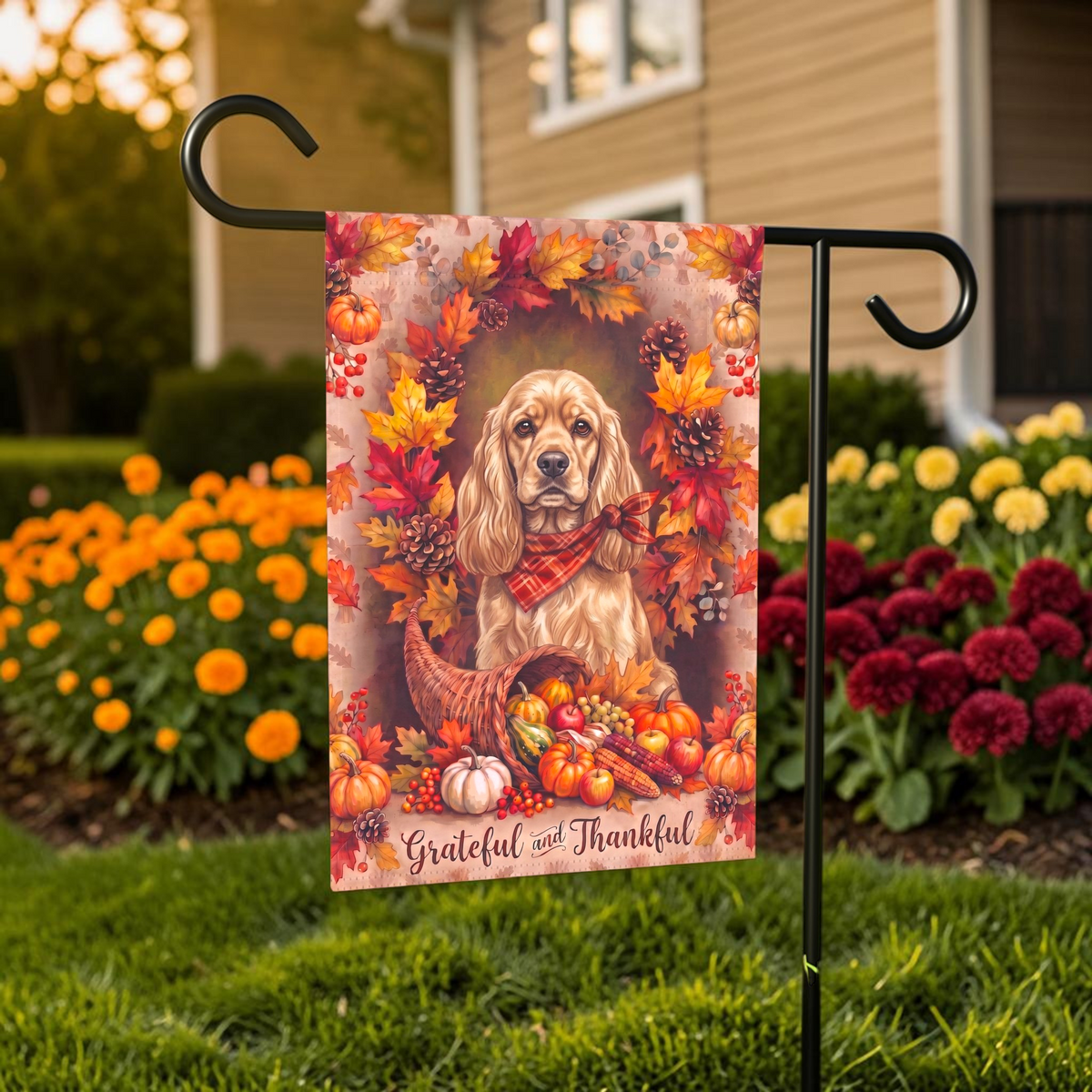 Grateful And Thankful Cocker Spaniel garden flag on a stand in front of a house with shutters and a door wreath