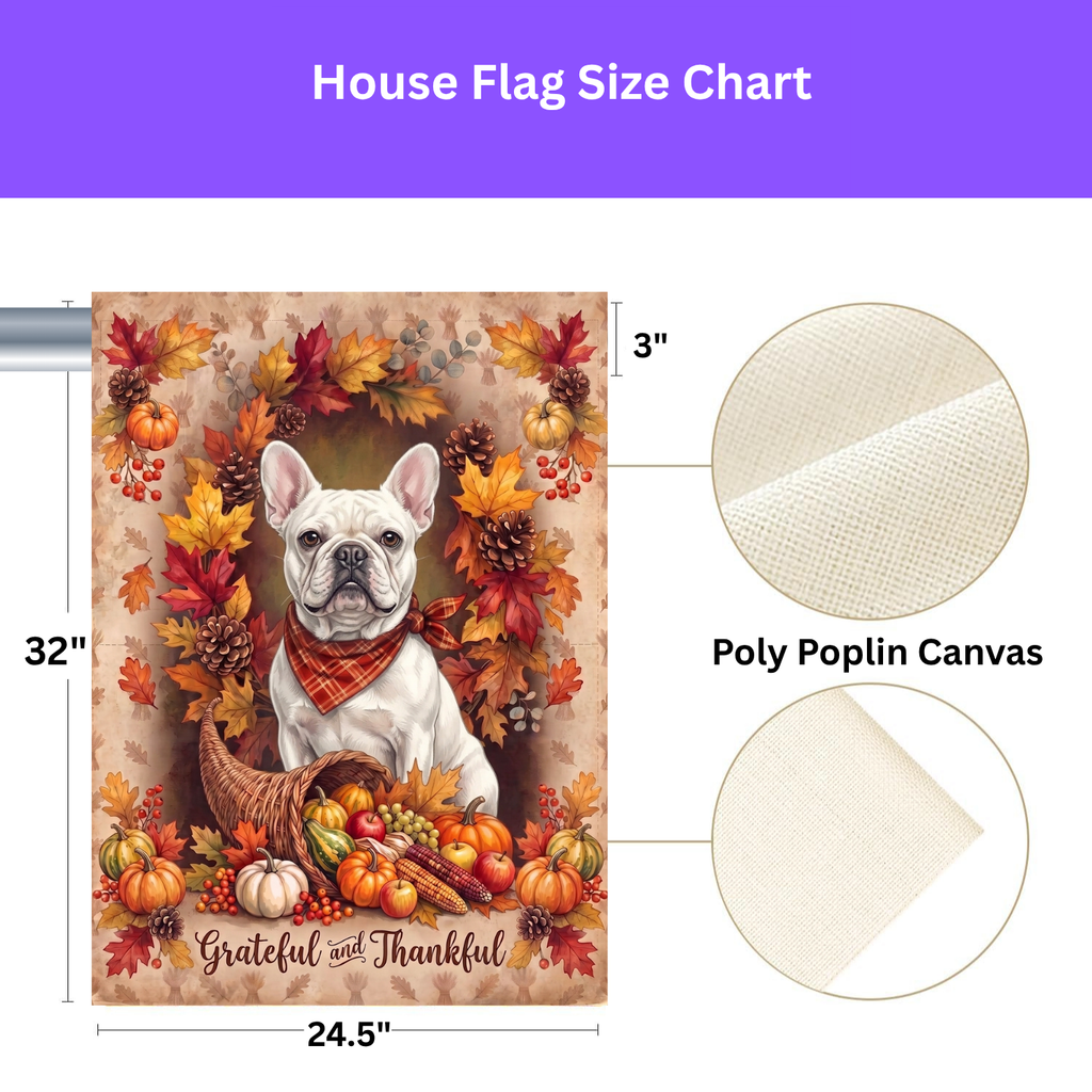 Garden flag size chart for the Grateful And Thankful White French Bulldog showing 12 inch by 18 inch dimensions with a 1.25 inch top sleeve