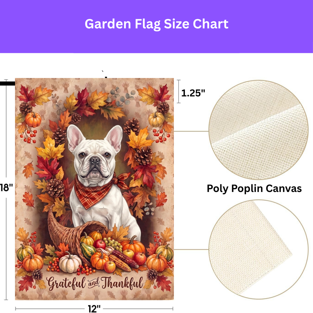 House flag size chart for the Grateful And Thankful White French Bulldog showing 24.5 inch by 32 inch dimensions with a 3 inch top sleeve