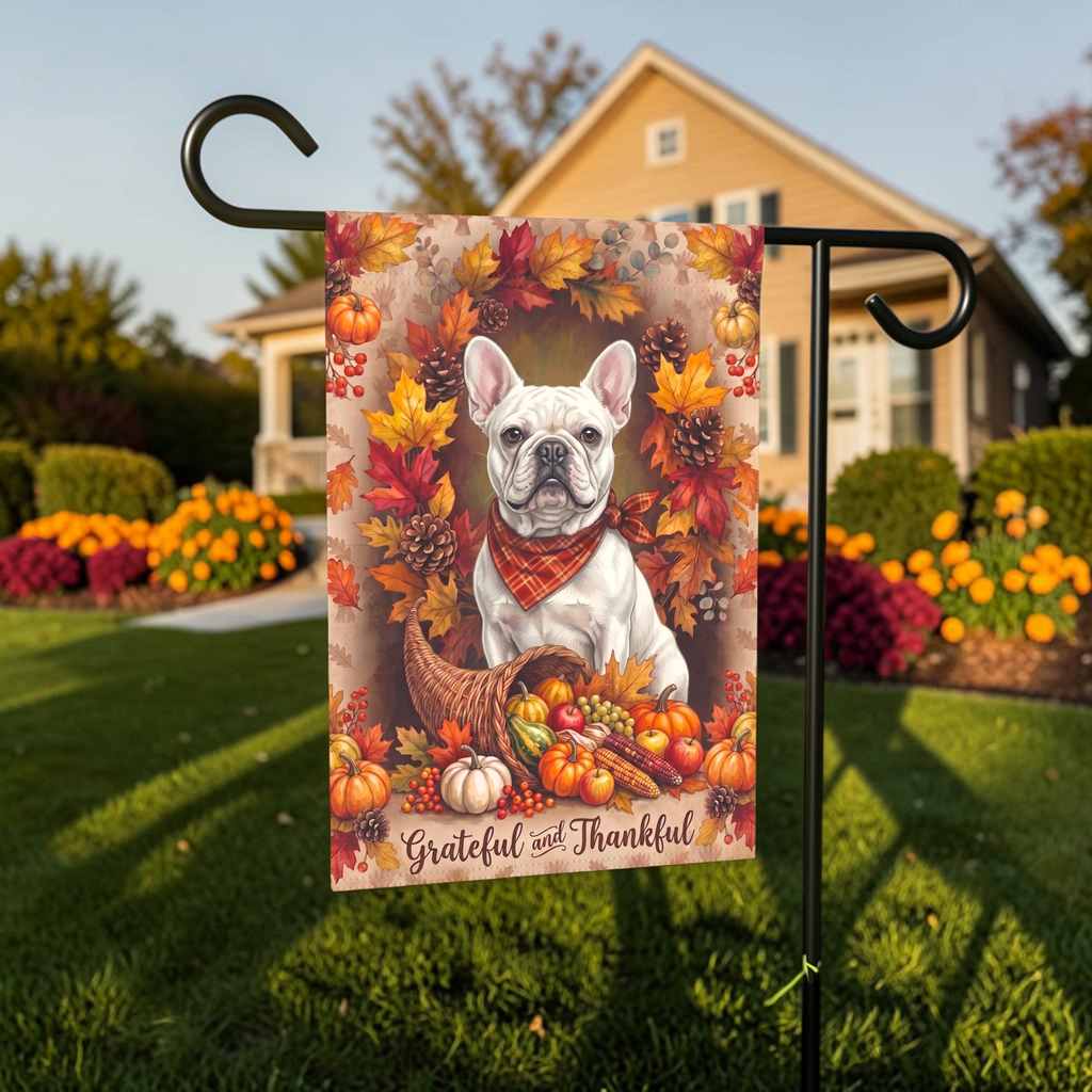 Grateful And Thankful White French Bulldog garden flag displayed on a stand in a garden bed with autumn flowers and a house in the background