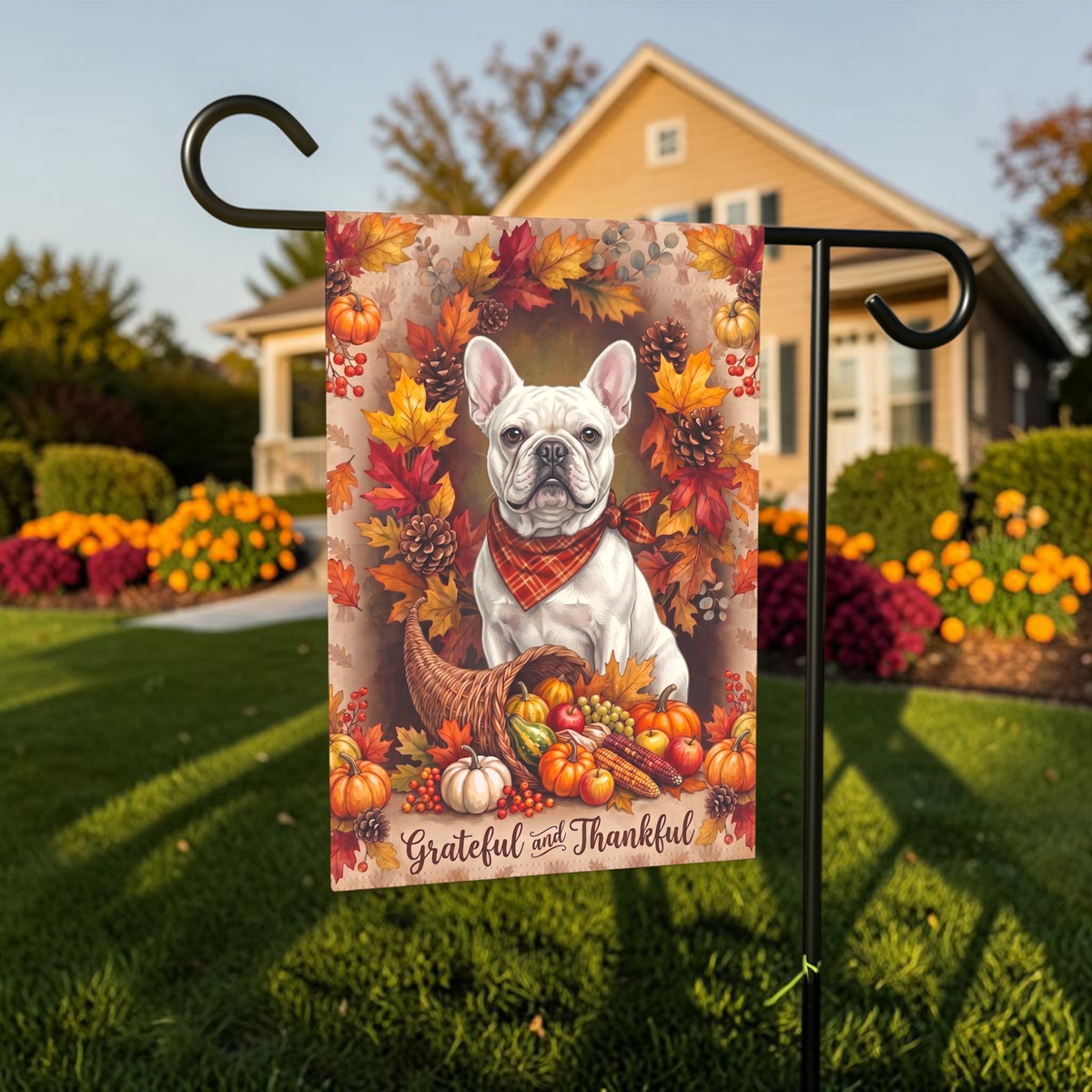 Grateful And Thankful White French Bulldog garden flag displayed on a stand in a garden bed with autumn flowers and a house in the background