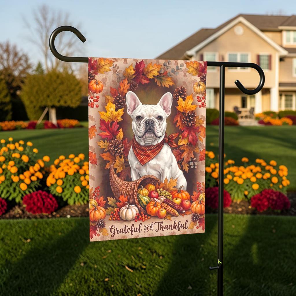 Grateful And Thankful White French Bulldog garden flag on a stand in a garden bed with orange marigolds and purple flowers