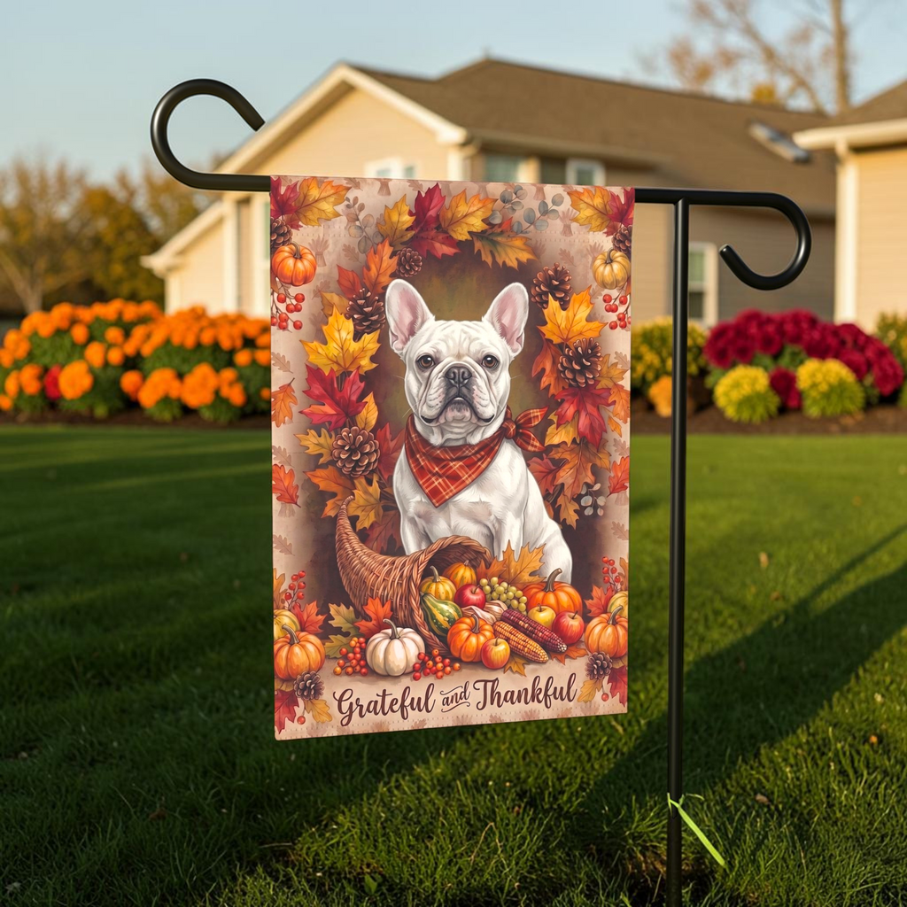 Grateful And Thankful White French Bulldog garden flag on a stand in front of a house with shutters and a door wreath