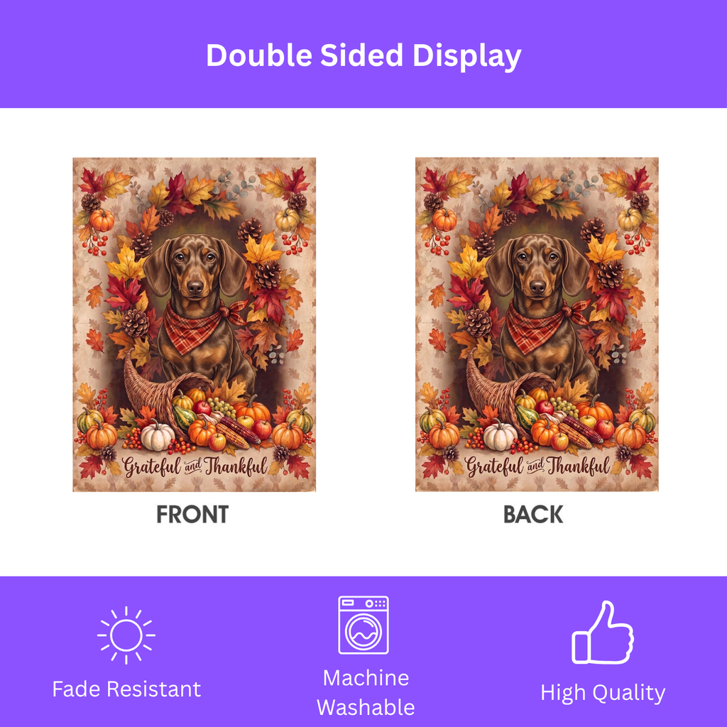 Garden flag size chart for the Grateful and Thankful Short Hair Dachshund showing 12 inch by 18 inch dimensions with a 1.25 inch top sleeve