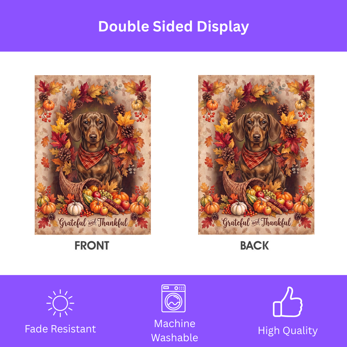Garden flag size chart for the Grateful and Thankful Short Hair Dachshund showing 12 inch by 18 inch dimensions with a 1.25 inch top sleeve