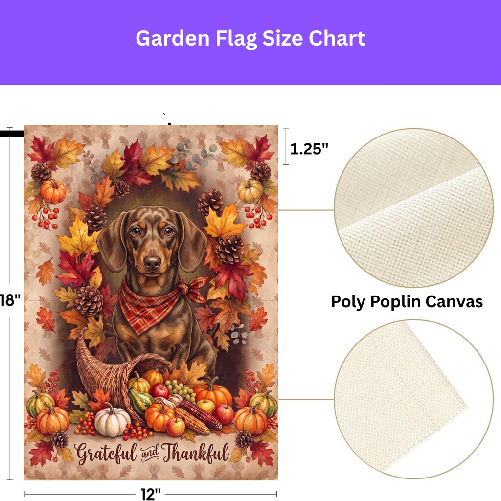 House flag size chart for the Grateful and Thankful Short Hair Dachshund showing 24.5 inch by 32 inch dimensions with a 3 inch top sleeve
